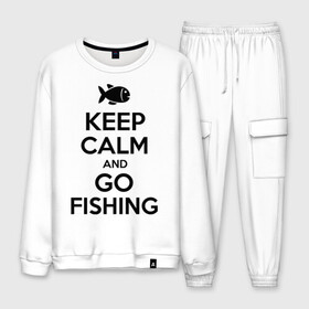 Мужской костюм хлопок с принтом Keep calm and go fishing в Екатеринбурге, 100% хлопок | на свитшоте круглая горловина, мягкая резинка по низу. Брюки заужены к низу, на них два вида карманов: два “обычных” по бокам и два объемных, с клапанами, расположенные ниже линии бедра. Брюки с мягкой трикотажной резинкой на поясе и по низу штанин. В поясе для дополнительного комфорта — широкие завязки | fishing | keep calm | рыбак | рыбалка | рыбачить | сохраняй спокойствие