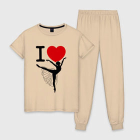 Женская пижама хлопок с принтом Я люблю балет в Екатеринбурге, 100% хлопок | брюки и футболка прямого кроя, без карманов, на брюках мягкая резинка на поясе и по низу штанин | 