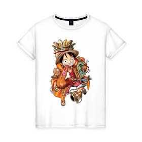 Женская футболка хлопок с принтом Луффи- король пиратов в Екатеринбурге, 100% хлопок | прямой крой, круглый вырез горловины, длина до линии бедер, слегка спущенное плечо | anime | mugivara | one piece | pirates | аниме | ванпис | король | кубок | луффи | манга | мугивары | оба | пираты