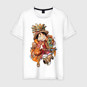 Мужская футболка хлопок с принтом Луффи- король пиратов в Екатеринбурге, 100% хлопок | прямой крой, круглый вырез горловины, длина до линии бедер, слегка спущенное плечо. | Тематика изображения на принте: anime | mugivara | one piece | pirates | аниме | ванпис | король | кубок | луффи | манга | мугивары | оба | пираты