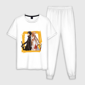 Мужская пижама хлопок с принтом Asuna & Kirito в Екатеринбурге, 100% хлопок | брюки и футболка прямого кроя, без карманов, на брюках мягкая резинка на поясе и по низу штанин
 | Тематика изображения на принте: anime | asuna | kirito | sao | sword art online | аниме | асуна | виртуальная реальность | игры | кирито | мечи | сворд арт онлайн