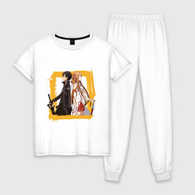 Женская пижама хлопок с принтом Asuna & Kirito в Екатеринбурге, 100% хлопок | брюки и футболка прямого кроя, без карманов, на брюках мягкая резинка на поясе и по низу штанин | anime | asuna | kirito | sao | sword art online | аниме | асуна | виртуальная реальность | игры | кирито | мечи | сворд арт онлайн
