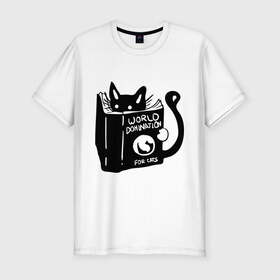 Мужская футболка премиум с принтом Кот с книгой в Екатеринбурге, 92% хлопок, 8% лайкра | приталенный силуэт, круглый вырез ворота, длина до линии бедра, короткий рукав | книга | кот | планета