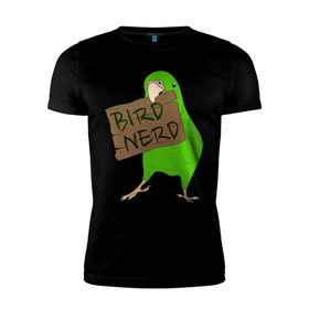 Мужская футболка премиум с принтом Bird Nerd в Екатеринбурге, 92% хлопок, 8% лайкра | приталенный силуэт, круглый вырез ворота, длина до линии бедра, короткий рукав | bird nerd | myparrots | зеленый | клюв | нерд | попугай | птицы | птичник