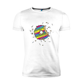 Мужская футболка премиум с принтом Взрывной пончик (радуга) в Екатеринбурге, 92% хлопок, 8% лайкра | приталенный силуэт, круглый вырез ворота, длина до линии бедра, короткий рукав | 