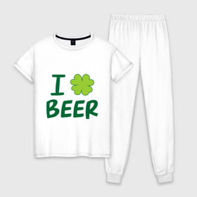 Женская пижама хлопок с принтом Love beer в Екатеринбурге, 100% хлопок | брюки и футболка прямого кроя, без карманов, на брюках мягкая резинка на поясе и по низу штанин | beer | love | ирландия | клевер | патрик | праздник | святой