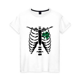 Женская футболка хлопок с принтом Скелет и клевер в Екатеринбурге, 100% хлопок | прямой крой, круглый вырез горловины, длина до линии бедер, слегка спущенное плечо | скелет