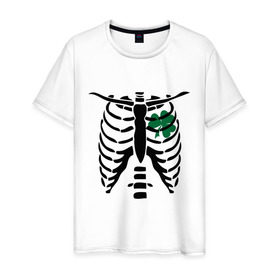 Мужская футболка хлопок с принтом Скелет и клевер в Екатеринбурге, 100% хлопок | прямой крой, круглый вырез горловины, длина до линии бедер, слегка спущенное плечо. | скелет