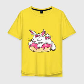 Мужская футболка хлопок Oversize с принтом Зайка в Екатеринбурге, 100% хлопок | свободный крой, круглый ворот, “спинка” длиннее передней части | бублик | зайка | заяц | кролик | милаха | пончик