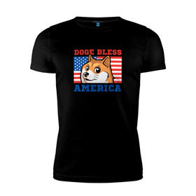 Мужская футболка премиум с принтом Doge bless America в Екатеринбурге, 92% хлопок, 8% лайкра | приталенный силуэт, круглый вырез ворота, длина до линии бедра, короткий рукав | dog | mem | америка | лайка | собака | сша
