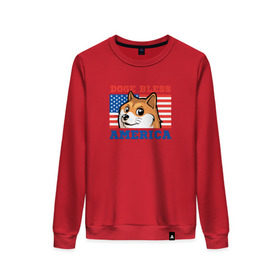 Женский свитшот хлопок с принтом Doge bless America в Екатеринбурге, 100% хлопок | прямой крой, круглый вырез, на манжетах и по низу широкая трикотажная резинка  | dog | mem | америка | лайка | собака | сша
