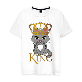 Мужская футболка хлопок с принтом король кот в Екатеринбурге, 100% хлопок | прямой крой, круглый вырез горловины, длина до линии бедер, слегка спущенное плечо. | Тематика изображения на принте: cat | king | король | корона | кот