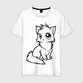 Мужская футболка хлопок с принтом Котёнок в Екатеринбурге, 100% хлопок | прямой крой, круглый вырез горловины, длина до линии бедер, слегка спущенное плечо. | киса | котенок | кошка