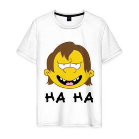 Мужская футболка хлопок с принтом ha ha в Екатеринбурге, 100% хлопок | прямой крой, круглый вырез горловины, длина до линии бедер, слегка спущенное плечо. | simpsons | симпсоны | хаха