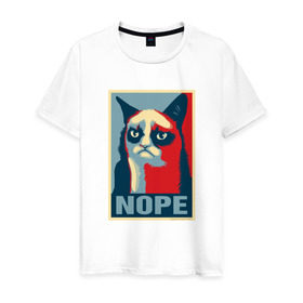 Мужская футболка хлопок с принтом Grumpy Cat NOPE в Екатеринбурге, 100% хлопок | прямой крой, круглый вырез горловины, длина до линии бедер, слегка спущенное плечо. | Тематика изображения на принте: grumpy cat | nope
