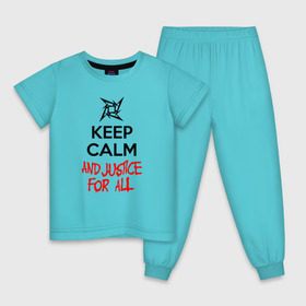 Детская пижама хлопок с принтом Keep Calm And Justice For All в Екатеринбурге, 100% хлопок |  брюки и футболка прямого кроя, без карманов, на брюках мягкая резинка на поясе и по низу штанин
 | Тематика изображения на принте: металлика