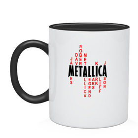Кружка двухцветная с принтом Metallica History в Екатеринбурге, керамика | объем — 330 мл, диаметр — 80 мм. Цветная ручка и кайма сверху, в некоторых цветах — вся внутренняя часть | металлика