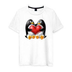 Мужская футболка хлопок с принтом Влюбленные пингвины в Екатеринбурге, 100% хлопок | прямой крой, круглый вырез горловины, длина до линии бедер, слегка спущенное плечо. | . любовь | влюбленные пингвины с сердцемвлюбленные | пингвины | сердце