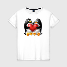 Женская футболка хлопок с принтом Влюбленные пингвины в Екатеринбурге, 100% хлопок | прямой крой, круглый вырез горловины, длина до линии бедер, слегка спущенное плечо | . любовь | влюбленные пингвины с сердцемвлюбленные | пингвины | сердце