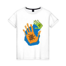 Женская футболка хлопок с принтом Ладони. Этно 2 в Екатеринбурге, 100% хлопок | прямой крой, круглый вырез горловины, длина до линии бедер, слегка спущенное плечо | ethno | hands | ладони | руки | символы