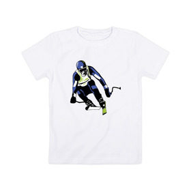 Детская футболка хлопок с принтом Лыжник в Екатеринбурге, 100% хлопок | круглый вырез горловины, полуприлегающий силуэт, длина до линии бедер | горнолыжная тема | горнолыжник спускается с горыочки | лыжи | лыжник | палки | спорт | шлем