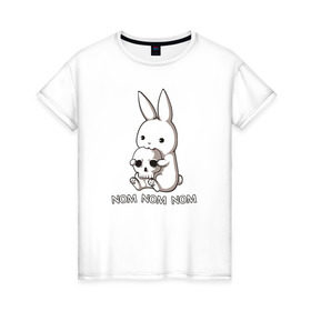 Женская футболка хлопок с принтом Кролик с черепом в Екатеринбурге, 100% хлопок | прямой крой, круглый вырез горловины, длина до линии бедер, слегка спущенное плечо | @ | заяц | картинка | кролик | прикол | череп