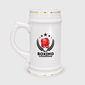 Кружка пивная с принтом Boxing champions в Екатеринбурге,  керамика (Материал выдерживает высокую температуру, стоит избегать резкого перепада температур) |  объем 630 мл | boxing | champions | бокс | венок | перчатки | спорт