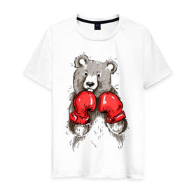 Мужская футболка хлопок с принтом Russia boxing в Екатеринбурге, 100% хлопок | прямой крой, круглый вырез горловины, длина до линии бедер, слегка спущенное плечо. | boxing | бокс | медведь | мишка | перчатки | спорт