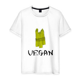 Мужская футболка хлопок с принтом Веган в Екатеринбурге, 100% хлопок | прямой крой, круглый вырез горловины, длина до линии бедер, слегка спущенное плечо. | @ | веган | вегетарианство | как символ сыроеденияпитание | на макете изображена стилизованная спаржа | спаржа | спорт