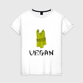 Женская футболка хлопок с принтом Веган в Екатеринбурге, 100% хлопок | прямой крой, круглый вырез горловины, длина до линии бедер, слегка спущенное плечо | @ | веган | вегетарианство | как символ сыроеденияпитание | на макете изображена стилизованная спаржа | спаржа | спорт