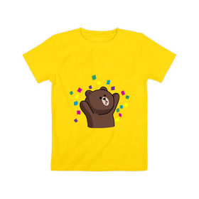 Детская футболка хлопок с принтом Стикер Line мишка в Екатеринбурге, 100% хлопок | круглый вырез горловины, полуприлегающий силуэт, длина до линии бедер | Тематика изображения на принте: медведь | радость | стикер line