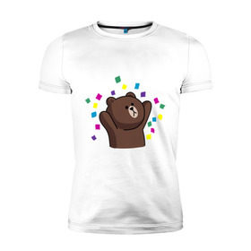 Мужская футболка премиум с принтом Стикер Line мишка в Екатеринбурге, 92% хлопок, 8% лайкра | приталенный силуэт, круглый вырез ворота, длина до линии бедра, короткий рукав | Тематика изображения на принте: медведь | радость | стикер line