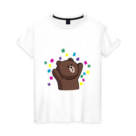 Женская футболка хлопок с принтом Стикер Line мишка в Екатеринбурге, 100% хлопок | прямой крой, круглый вырез горловины, длина до линии бедер, слегка спущенное плечо | медведь | радость | стикер line