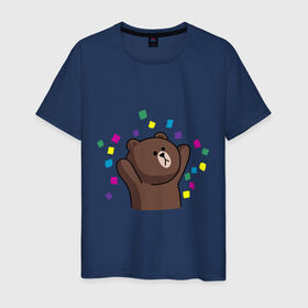 Мужская футболка хлопок с принтом Стикер Line мишка в Екатеринбурге, 100% хлопок | прямой крой, круглый вырез горловины, длина до линии бедер, слегка спущенное плечо. | Тематика изображения на принте: медведь | радость | стикер line