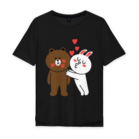Мужская футболка хлопок Oversize с принтом Стикер Line в Екатеринбурге, 100% хлопок | свободный крой, круглый ворот, “спинка” длиннее передней части | заяц | медведь | поцелуй | сердечки | стикер line