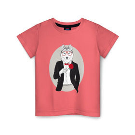 Детская футболка хлопок с принтом Волк в смокинге в Екатеринбурге, 100% хлопок | круглый вырез горловины, полуприлегающий силуэт, длина до линии бедер | джентльмен | костюм | хипстер