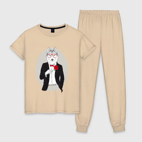 Женская пижама хлопок с принтом Волк в смокинге в Екатеринбурге, 100% хлопок | брюки и футболка прямого кроя, без карманов, на брюках мягкая резинка на поясе и по низу штанин | джентльмен | костюм | хипстер