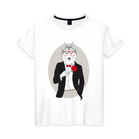 Женская футболка хлопок с принтом Волк в смокинге в Екатеринбурге, 100% хлопок | прямой крой, круглый вырез горловины, длина до линии бедер, слегка спущенное плечо | джентльмен | костюм | хипстер