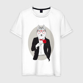 Мужская футболка хлопок с принтом Волк в смокинге в Екатеринбурге, 100% хлопок | прямой крой, круглый вырез горловины, длина до линии бедер, слегка спущенное плечо. | джентльмен | костюм | хипстер