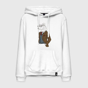 Мужская толстовка хлопок с принтом Медведь в пиджаке в Екатеринбурге, френч-терри, мягкий теплый начес внутри (100% хлопок) | карман-кенгуру, эластичные манжеты и нижняя кромка, капюшон с подкладом и шнурком | Тематика изображения на принте: : животные | звери | медведь | приколные картинки
