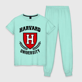 Женская пижама хлопок с принтом Гарвард в Екатеринбурге, 100% хлопок | брюки и футболка прямого кроя, без карманов, на брюках мягкая резинка на поясе и по низу штанин | Тематика изображения на принте: harvard | university | гарвард | институт | студентам | университет