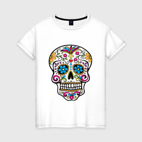 Женская футболка хлопок с принтом Skull decorated в Екатеринбурге, 100% хлопок | прямой крой, круглый вырез горловины, длина до линии бедер, слегка спущенное плечо | сахарный