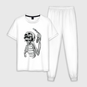 Мужская пижама хлопок с принтом Скелет с бритвой в Екатеринбурге, 100% хлопок | брюки и футболка прямого кроя, без карманов, на брюках мягкая резинка на поясе и по низу штанин
 | Тематика изображения на принте: скелет