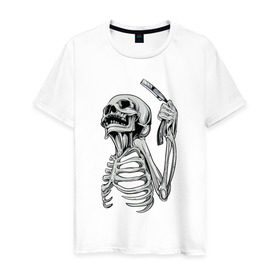 Мужская футболка хлопок с принтом Скелет с бритвой в Екатеринбурге, 100% хлопок | прямой крой, круглый вырез горловины, длина до линии бедер, слегка спущенное плечо. | скелет