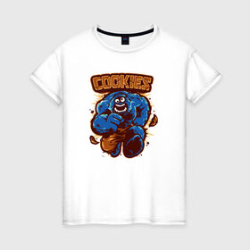 Женская футболка хлопок с принтом Печеньки в Екатеринбурге, 100% хлопок | прямой крой, круглый вырез горловины, длина до линии бедер, слегка спущенное плечо | cookie | коржик | монстр | печенье | улица сезам
