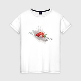 Женская футболка хлопок с принтом Клубника со сливками в Екатеринбурге, 100% хлопок | прямой крой, круглый вырез горловины, длина до линии бедер, слегка спущенное плечо | 