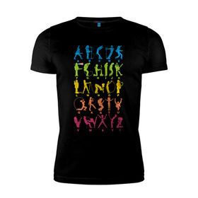 Мужская футболка премиум с принтом Рок алфавит (без расшифровки) в Екатеринбурге, 92% хлопок, 8% лайкра | приталенный силуэт, круглый вырез ворота, длина до линии бедра, короткий рукав | kiss | nirvana | ozzy | rock | алфавит | группы | рок
