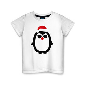 Детская футболка хлопок с принтом Крутой пингвин дед мороз в Екатеринбурге, 100% хлопок | круглый вырез горловины, полуприлегающий силуэт, длина до линии бедер | Тематика изображения на принте: крутой пингвин дед морозкрутой пингвин дед мороз новый год