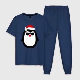 Мужская пижама хлопок с принтом Крутой пингвин дед мороз в Екатеринбурге, 100% хлопок | брюки и футболка прямого кроя, без карманов, на брюках мягкая резинка на поясе и по низу штанин
 | Тематика изображения на принте: крутой пингвин дед морозкрутой пингвин дед мороз новый год