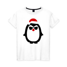 Женская футболка хлопок с принтом Крутой пингвин дед мороз в Екатеринбурге, 100% хлопок | прямой крой, круглый вырез горловины, длина до линии бедер, слегка спущенное плечо | крутой пингвин дед морозкрутой пингвин дед мороз новый год